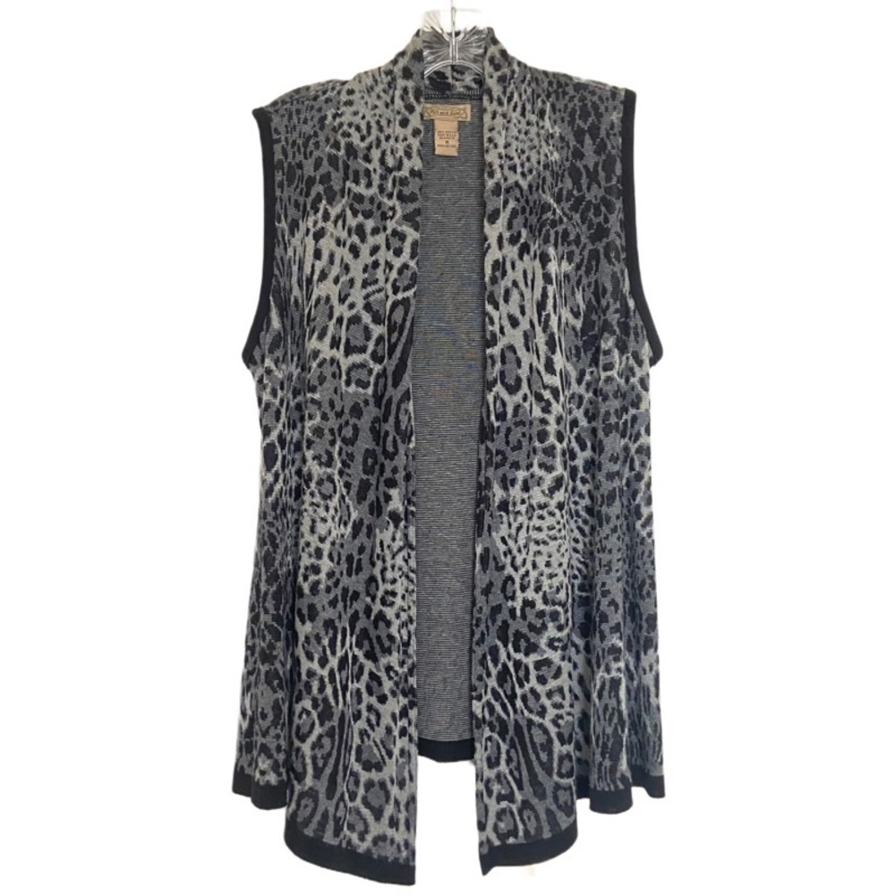 Leopard Print Open Front Vest Sweater Cardugan Size M Gray Black Animal Print